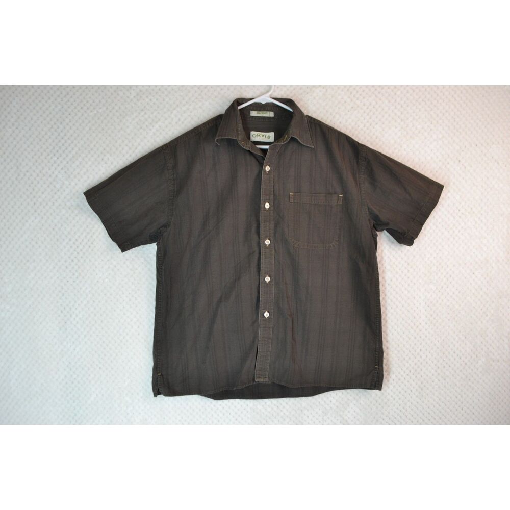 Orvis Men's Large Olive Green Short Sleeve Striped Textured Button Up Shirt